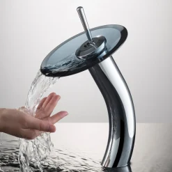 Waterfall Bathroom Faucet with Clear Black Glass Disk and Pop-Up Drain in Chrome