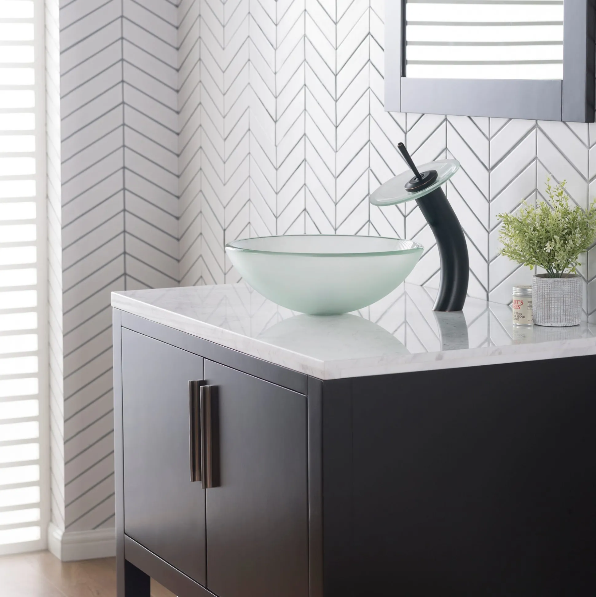 Waterfall Bathroom Faucet with Frosted Glass Disk in Oil Rubbed Bronze