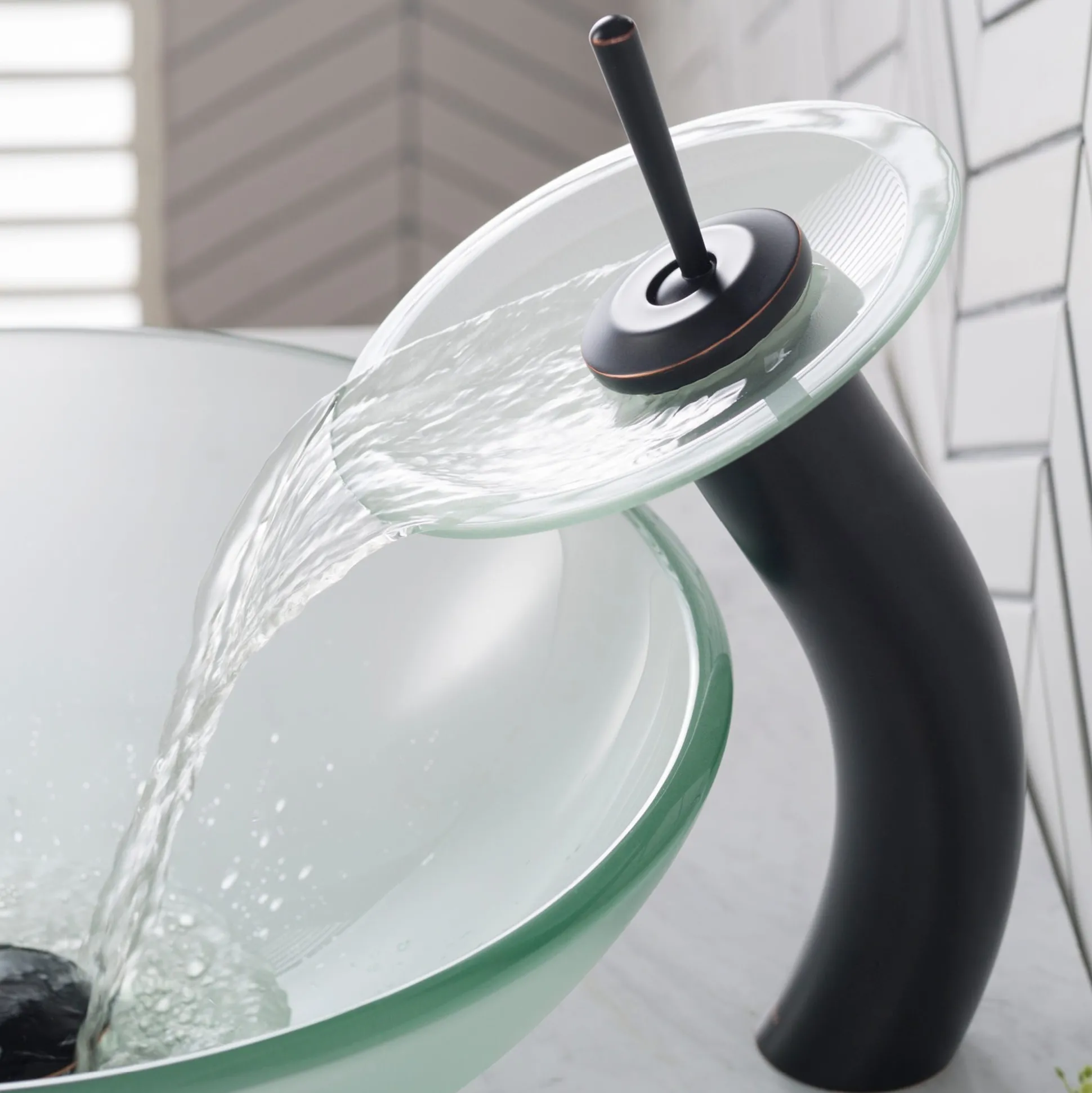 Waterfall Bathroom Faucet with Frosted Glass Disk in Oil Rubbed Bronze