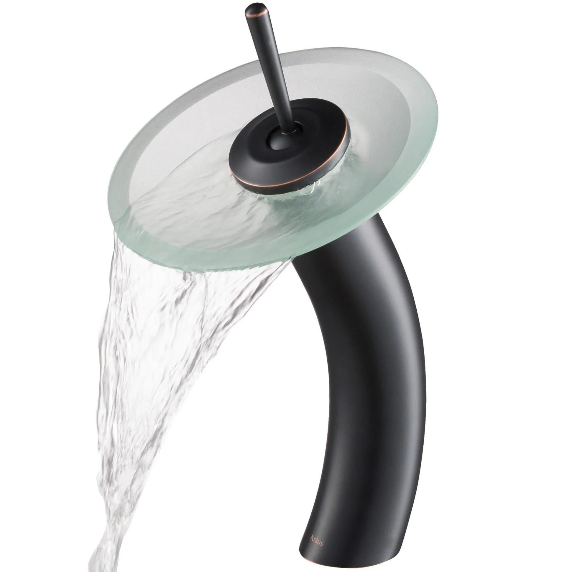 Waterfall Bathroom Faucet with Frosted Glass Disk in Oil Rubbed Bronze