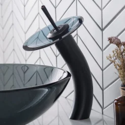 Waterfall Bathroom Faucet with Clear Black Glass Disk in Oil Rubbed Bronze