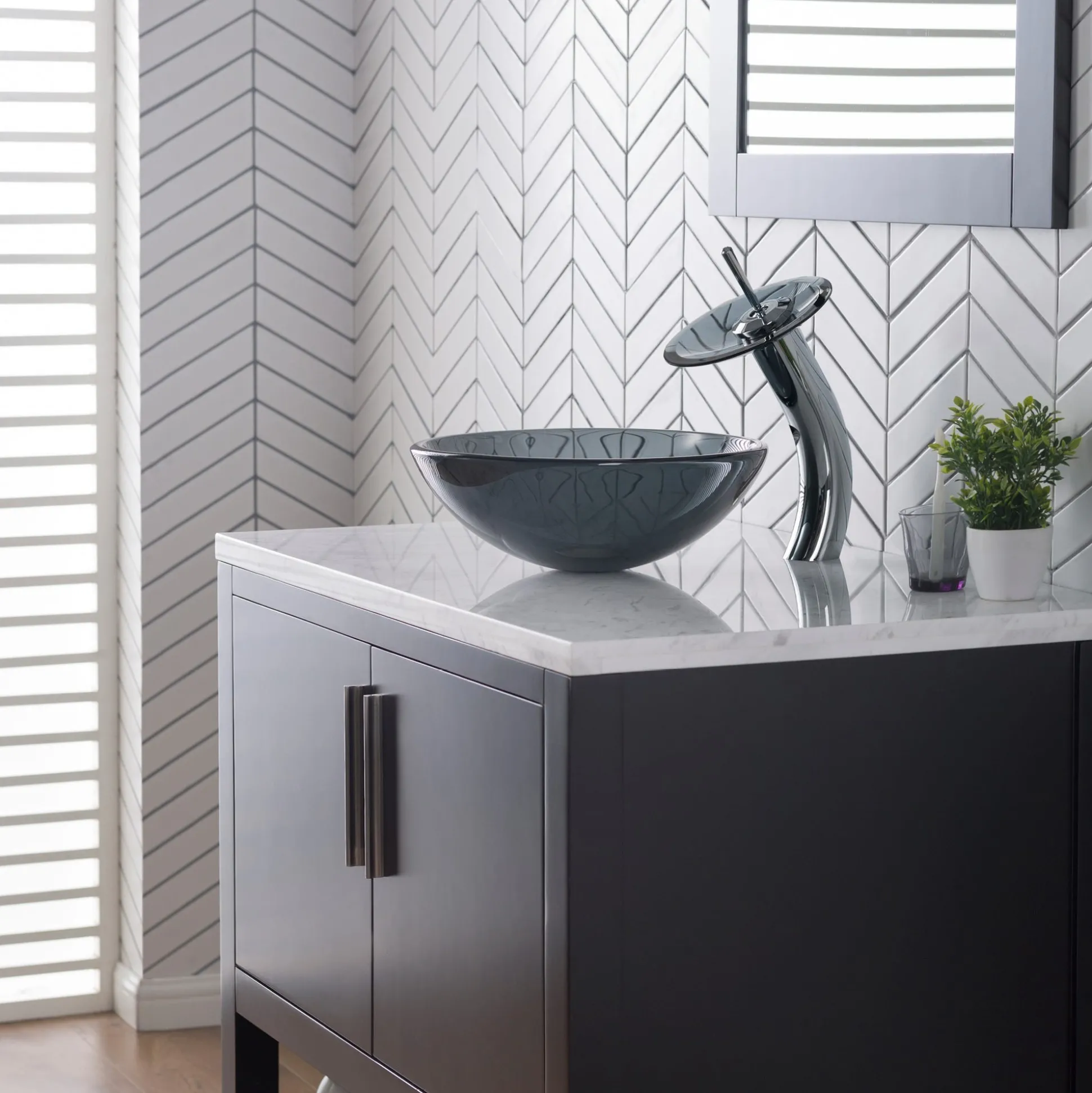 Waterfall Bathroom Faucet with Frosted Black Glass Disk in Chrome
