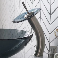 Waterfall Bathroom Faucet with Clear Black Glass Disk and Pop-Up Drain in Satin Nickel