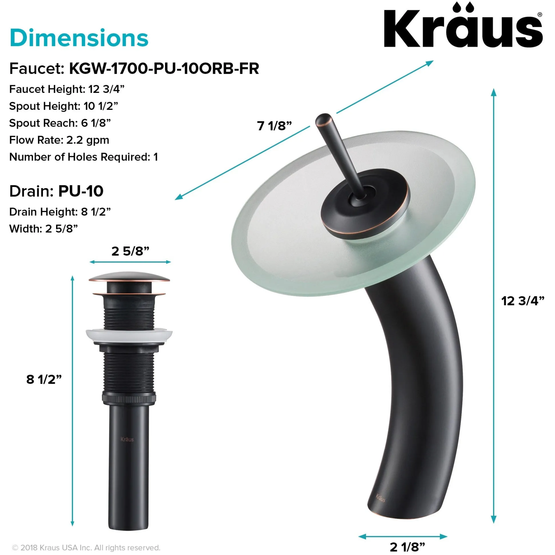 Waterfall Bathroom Faucet with Frosted Glass Disk and Pop-Up Drain in Oil Rubbed Bronze