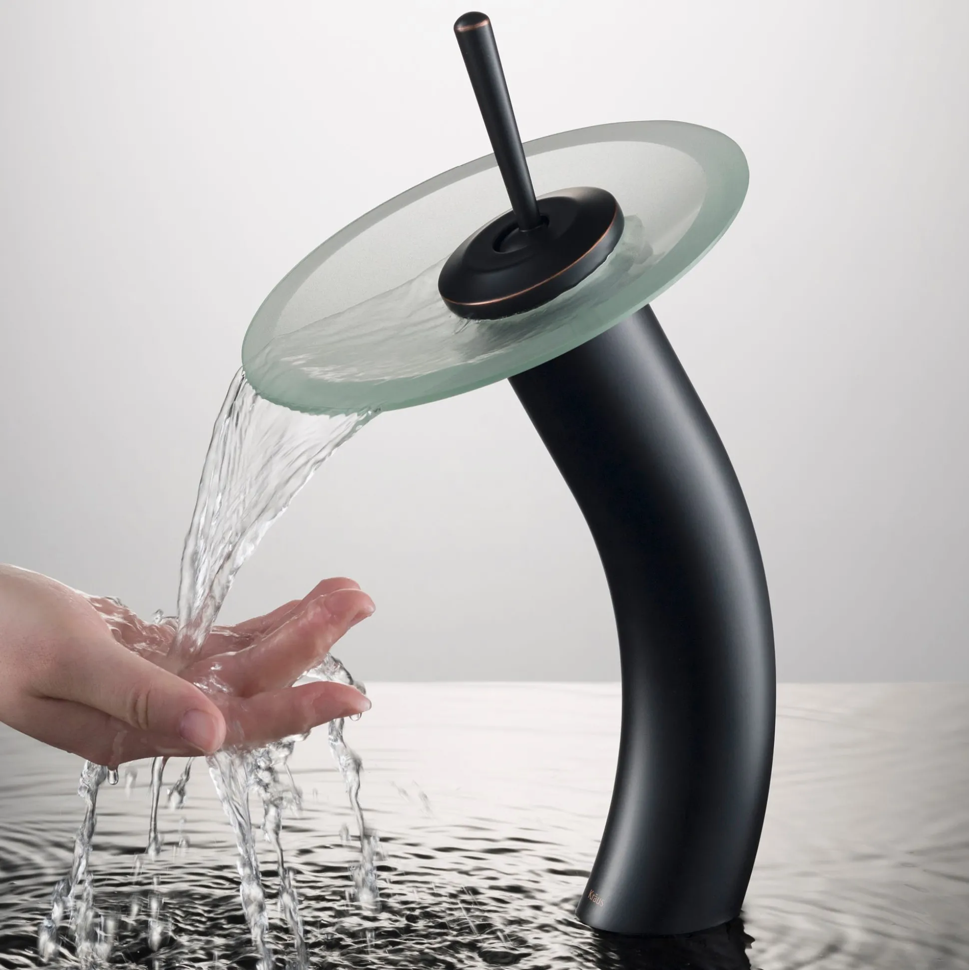 Waterfall Bathroom Faucet with Frosted Glass Disk and Pop-Up Drain in Oil Rubbed Bronze