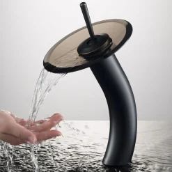 Waterfall Bathroom Faucet with Clear Brown Glass Disk and Pop-Up Drain in Oil Rubbed Bronze
