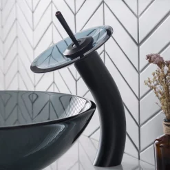 Waterfall Bathroom Faucet with Clear Black Glass Disk and Pop-Up Drain in Oil Rubbed Bronze