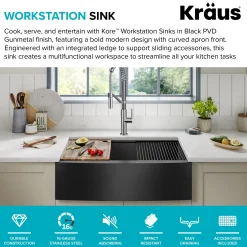 Workstation 33” Apron Front Farmhouse 16 Gauge Black Stainless Steel Single Bowl Kitchen Sink in PVD Gunmetal Finish with Accessories