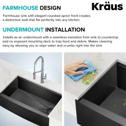 Workstation 33” Apron Front Farmhouse 16 Gauge Black Stainless Steel Single Bowl Kitchen Sink in PVD Gunmetal Finish with Accessories