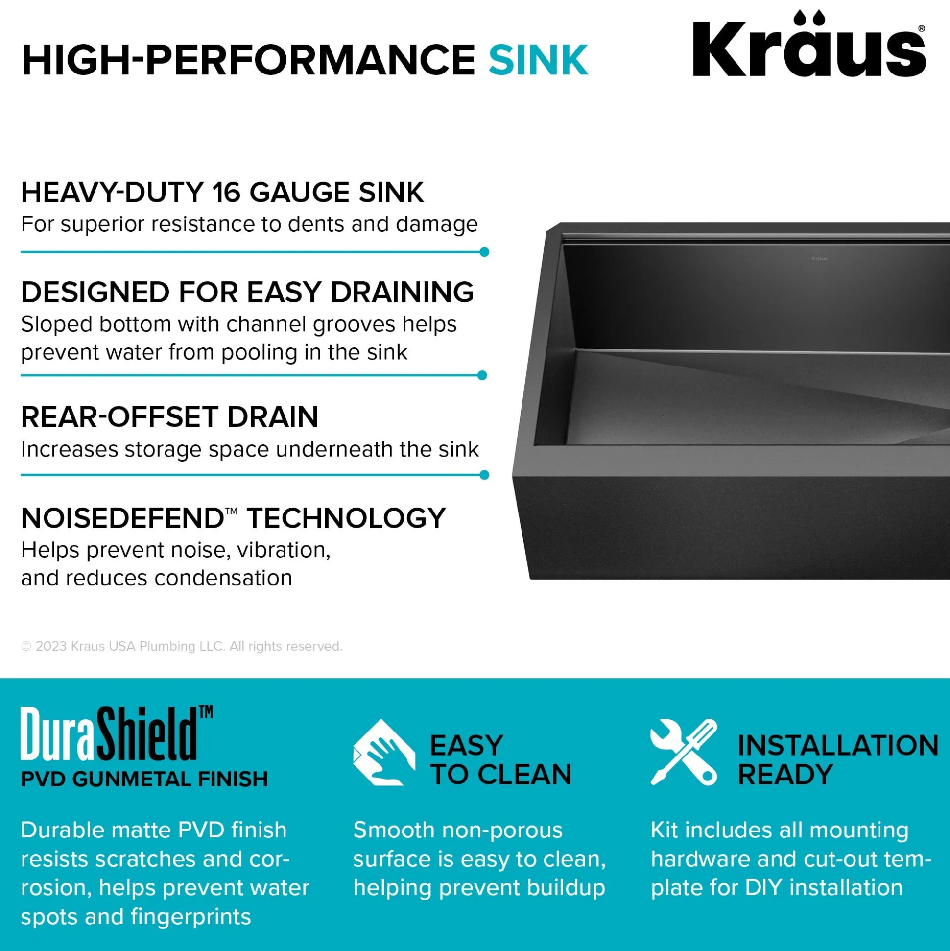 Workstation 33” Flat Apron Front Farmhouse 16 Gauge Black Stainless Steel Single Bowl Kitchen Sink in PVD Gunmetal Finish with Accessories