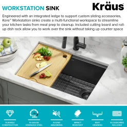 Workstation 27” Undermount 16 Gauge Black Stainless Steel Single Bowl Kitchen Sink in PVD Gunmetal Finish with Accessories