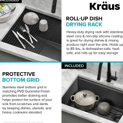 Workstation 27” Undermount 16 Gauge Black Stainless Steel Single Bowl Kitchen Sink in PVD Gunmetal Finish with Accessories