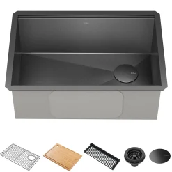 Workstation 27” Undermount 16 Gauge Black Stainless Steel Single Bowl Kitchen Sink in PVD Gunmetal Finish with Accessories